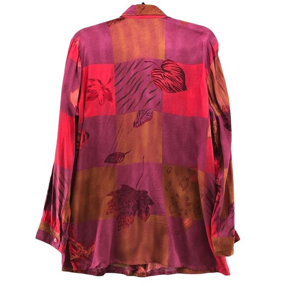 VTG Long Sleeve Blouse Womens L Leaf Print Rayon Wine Red Twee Quirky Unique - Picture 2 of 10